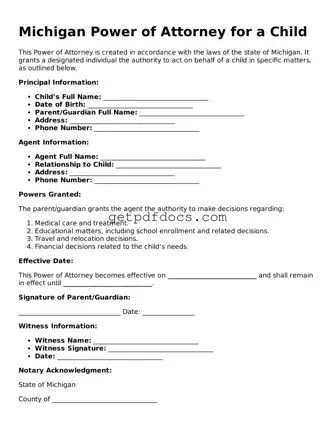 Attorney-Approved Power of Attorney for a Child Form for Michigan State