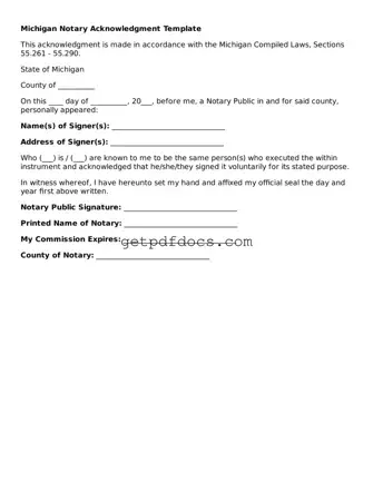 Attorney-Approved Notary Acknowledgement Form for Michigan State
