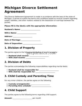 Attorney-Approved Divorce Settlement Agreement Form for Michigan State