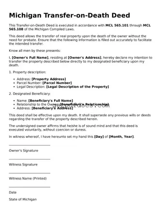 Attorney-Approved Transfer-on-Death Deed Form for Michigan State
