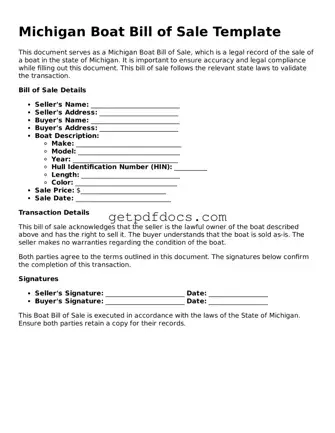 Attorney-Approved Boat Bill of Sale Form for Michigan State