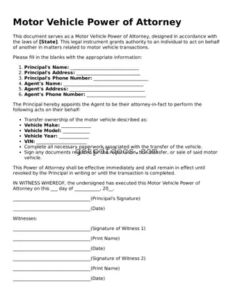 Printable Motor Vehicle Power of Attorney Template