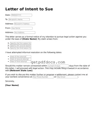 Printable Letter of Intent to Sue Template