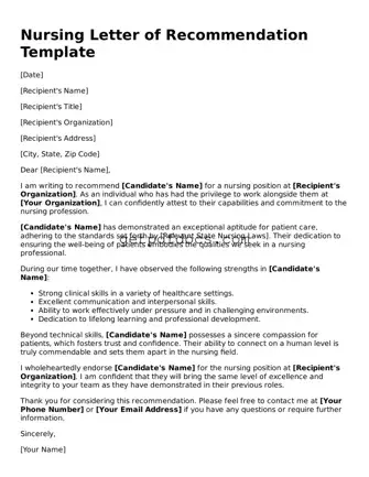 Printable Nursing Letter of Recommendation Template