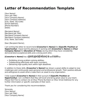 Printable Letter of Recommendation for Coworker Template