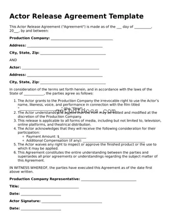 Printable Actor Release Template