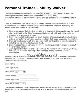 Printable Personal Trainer Liability Waiver Template