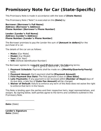 Printable Promissory Note for a Car Template