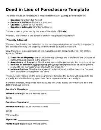 Printable Deed in Lieu of Foreclosure Template