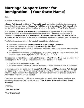 Printable Marriage Support Letter for Immigration Template