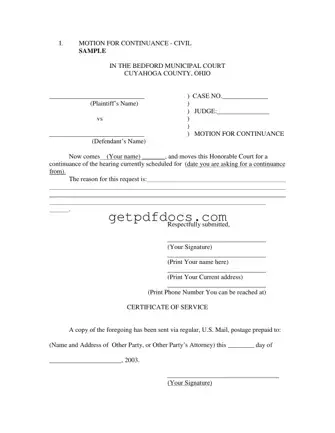 Fill in a Valid Motion For Continuance Template
