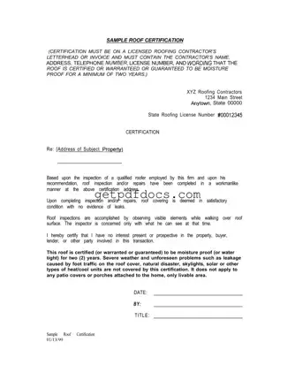 Fill in a Valid Sample Roof Certification Template