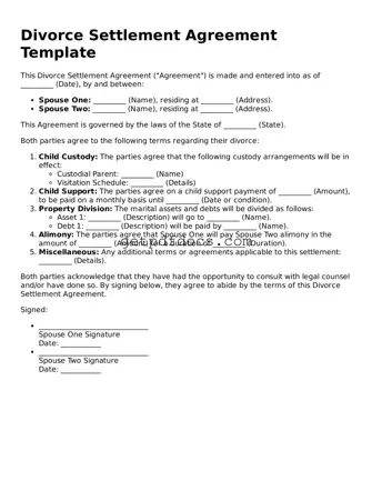 Printable Divorce Settlement Agreement Template
