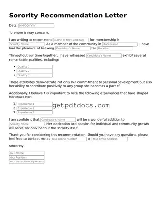 Printable Sorority Recommendation Letter Template