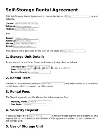 Printable Self-Storage Rental Agreement Template