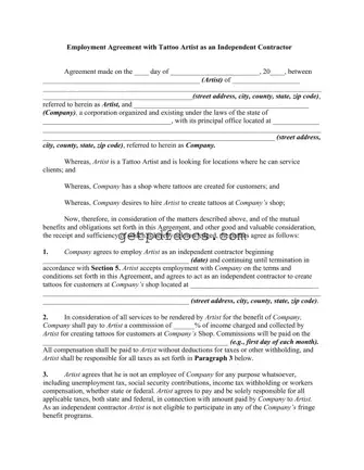 Fill in a Valid Tattoo Shop Artist Agreement Template