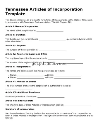 Attorney-Approved Articles of Incorporation Form for Tennessee State