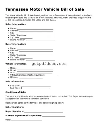 Attorney-Approved Motor Vehicle Bill of Sale Form for Tennessee State