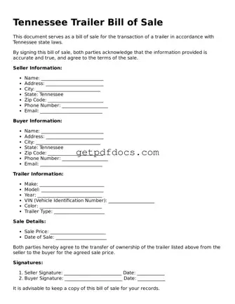 Attorney-Approved Trailer Bill of Sale Form for Tennessee State