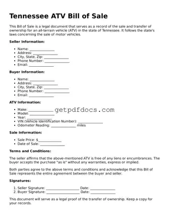 Attorney-Approved ATV Bill of Sale Form for Tennessee State
