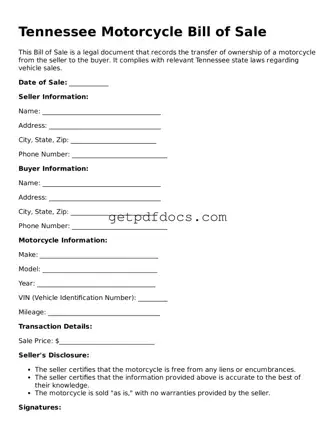 Attorney-Approved Motorcycle Bill of Sale Form for Tennessee State