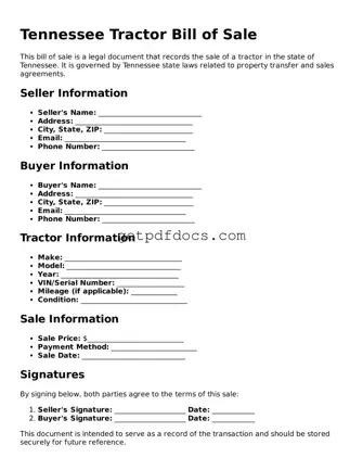 Attorney-Approved Tractor Bill of Sale Form for Tennessee State