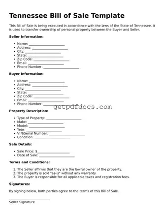 Attorney-Approved Bill of Sale Form for Tennessee State