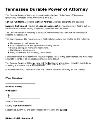Attorney-Approved Durable Power of Attorney Form for Tennessee State
