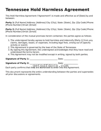 Attorney-Approved Hold Harmless Agreement Form for Tennessee State