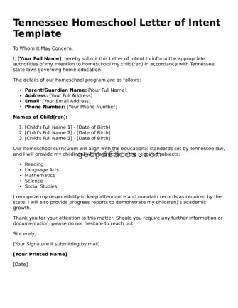 Attorney-Approved Homeschool Letter of Intent Form for Tennessee State