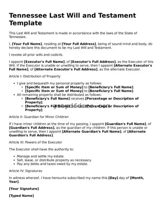 Attorney-Approved Last Will and Testament Form for Tennessee State