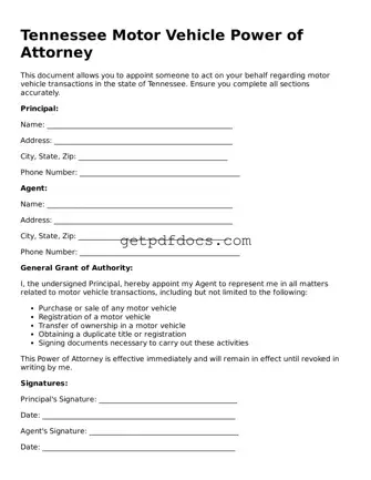 Attorney-Approved Motor Vehicle Power of Attorney Form for Tennessee State