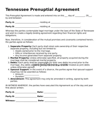 Attorney-Approved Prenuptial Agreement Form for Tennessee State