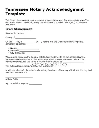 Attorney-Approved Notary Acknowledgement Form for Tennessee State