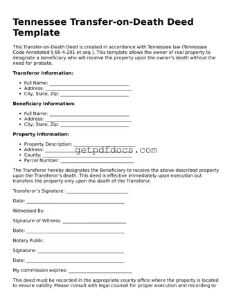 Attorney-Approved Transfer-on-Death Deed Form for Tennessee State