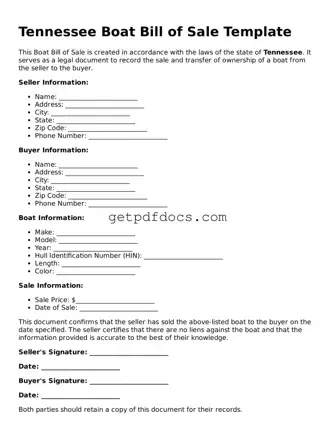 Attorney-Approved Boat Bill of Sale Form for Tennessee State