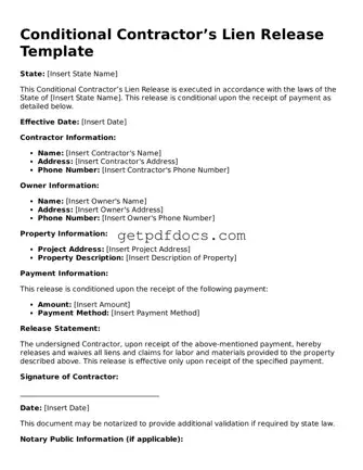 Printable Conditional Contractor’s Lien Release Template