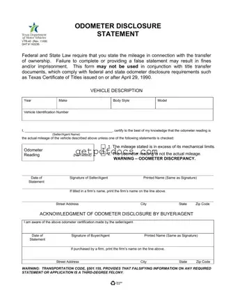 Fill in a Valid Texas Odometer Statement Template