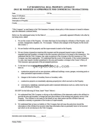 Fill in a Valid Texas residential property affidavit T-47 Template