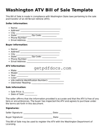 Attorney-Approved ATV Bill of Sale Form for Washington State