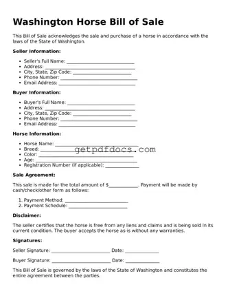 Attorney-Approved Horse Bill of Sale Form for Washington State