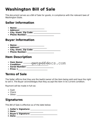 Attorney-Approved Bill of Sale Form for Washington State