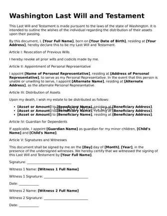 Attorney-Approved Last Will and Testament Form for Washington State