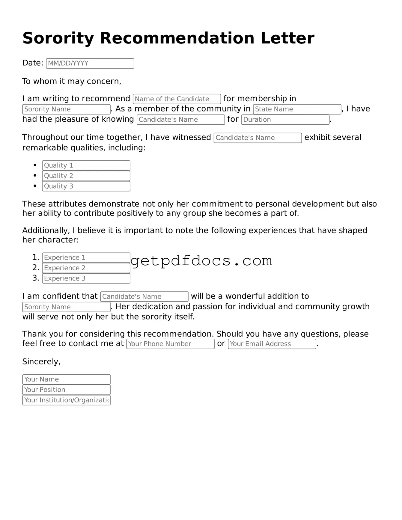 Printable Sorority Recommendation Letter Template