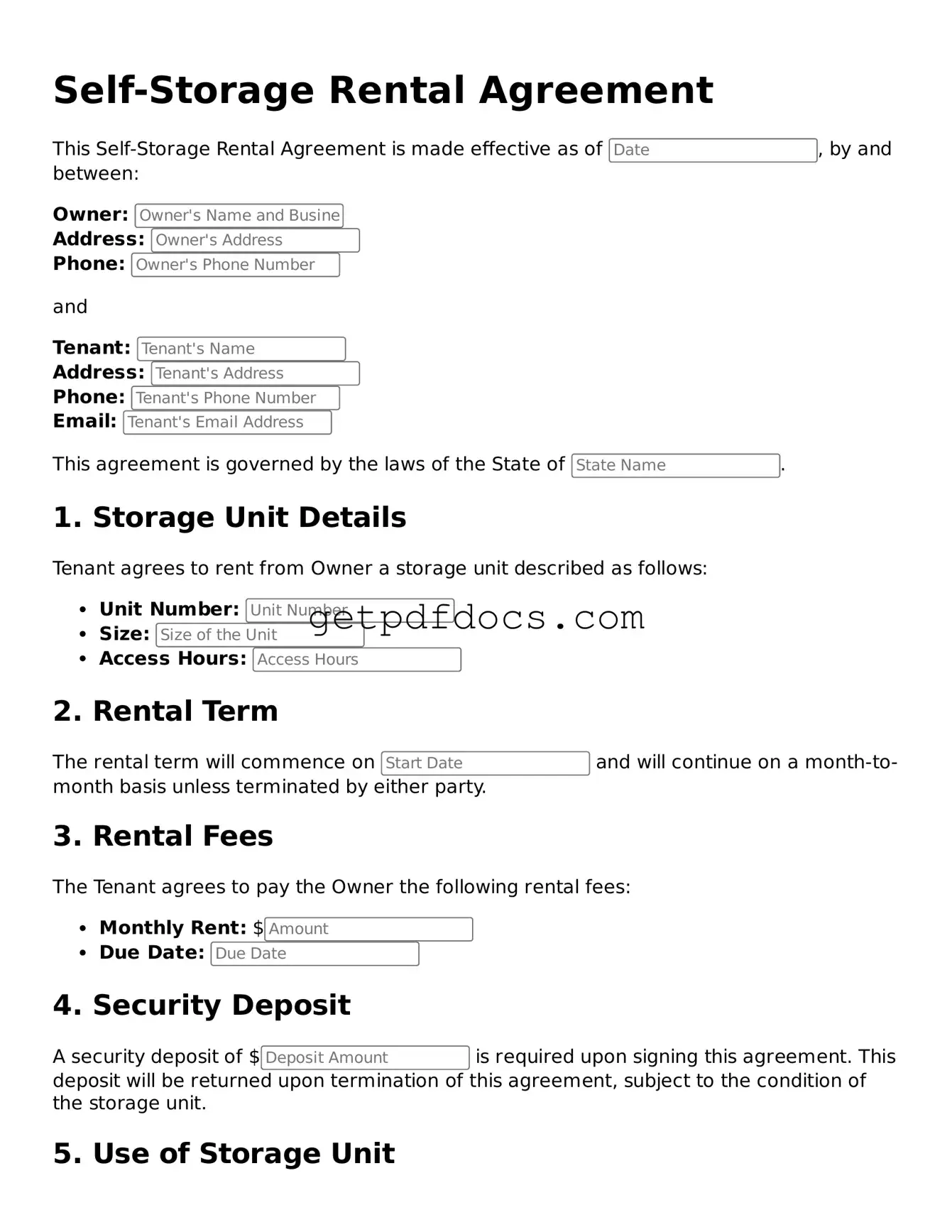 Printable Self-Storage Rental Agreement Template
