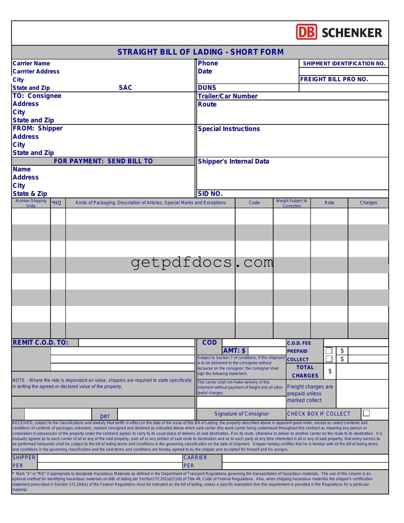 Fill in a Valid Straight Bill Of Lading Template