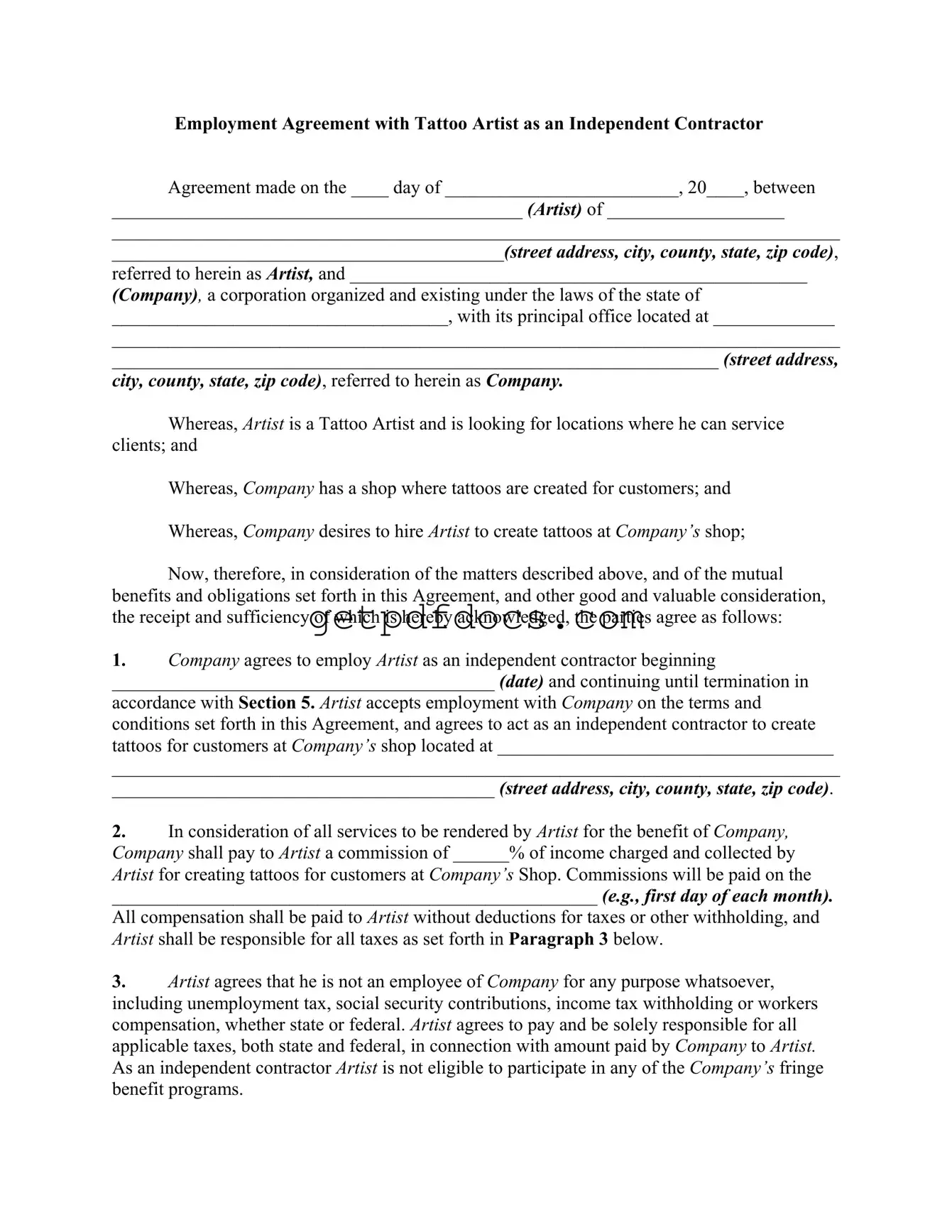 Fill in a Valid Tattoo Shop Artist Agreement Template