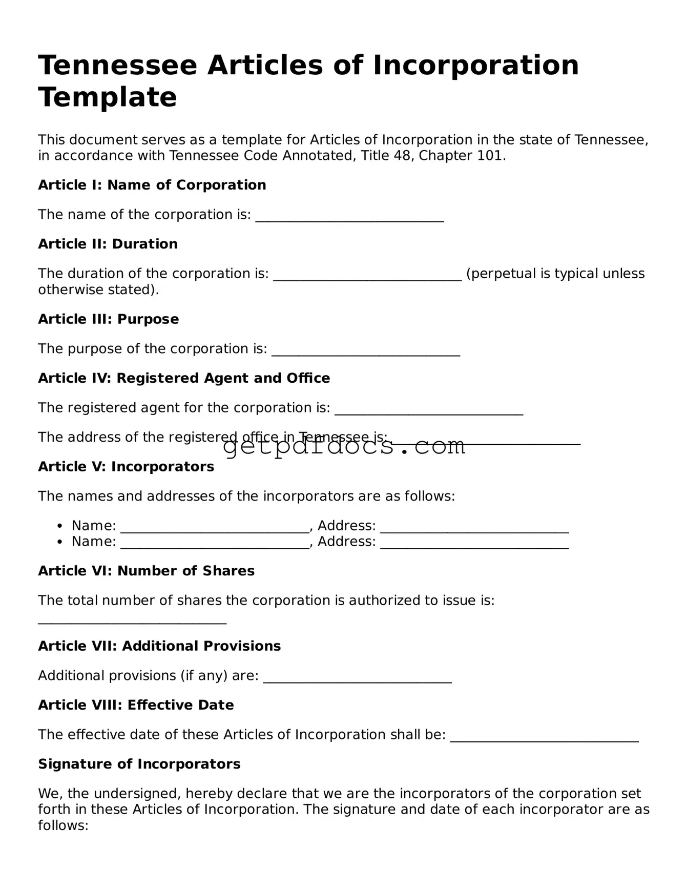 Attorney-Approved Articles of Incorporation Form for Tennessee State