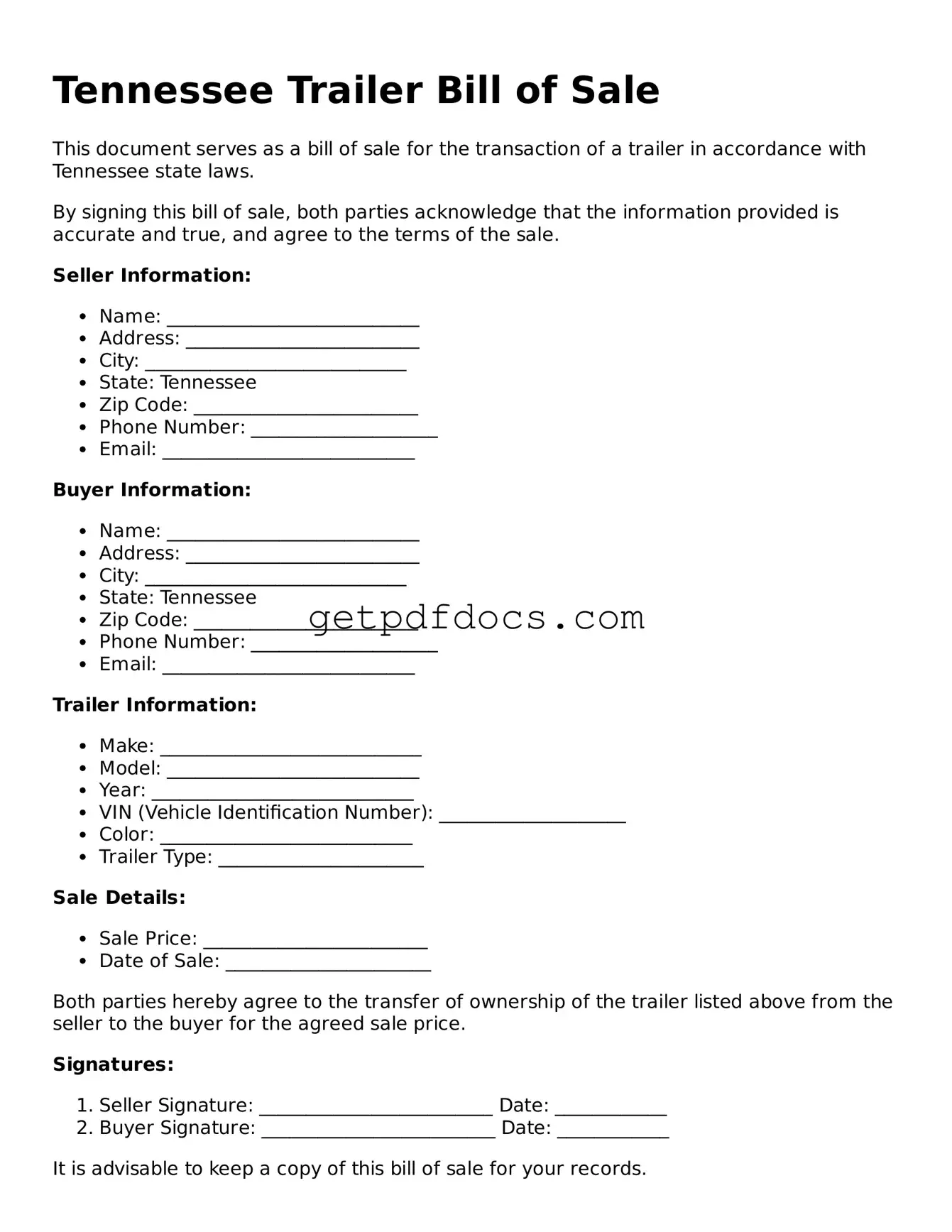 Attorney-Approved Trailer Bill of Sale Form for Tennessee State
