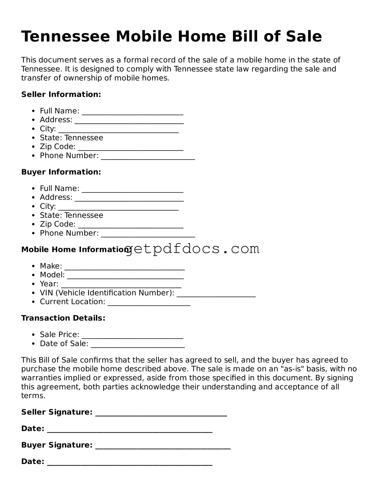 Attorney-Approved Mobile Home Bill of Sale Form for Tennessee State